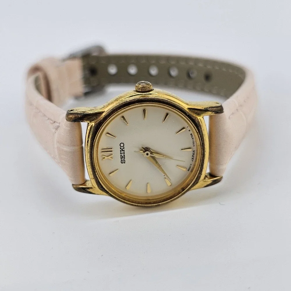 VTG Seiko Women Watch 22MM Cream Dial NEW Pink Leather Bands Battery Up to‎ 6.5